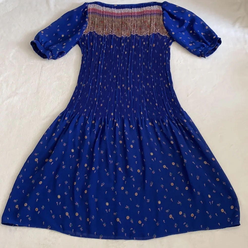 Vintage | Puff Sleeve Accordion Pleat Drop Waist Midi Dress Blue Floral Boho - Picture 12 of 16